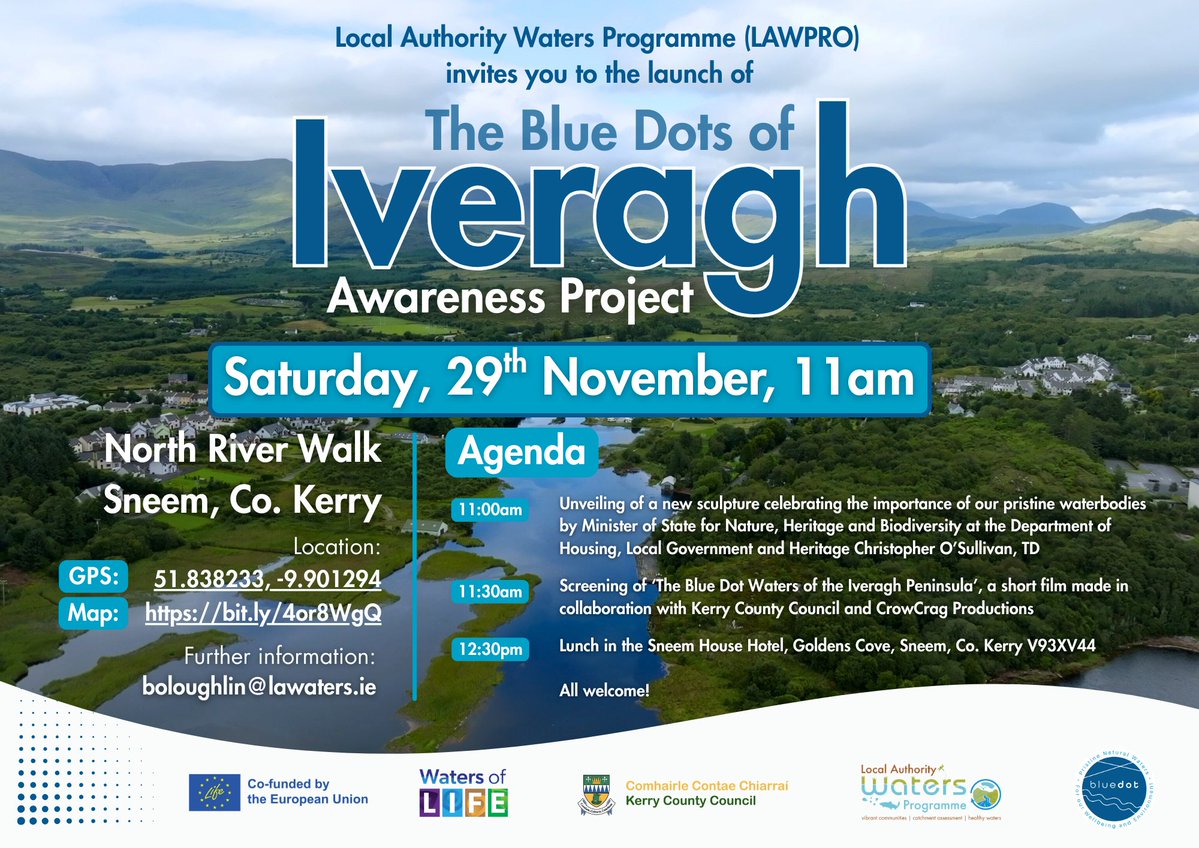 BlueDotWaters's tweet image. Join us on 29th November at 11am for the launch of our Blue Dots of Iveragh awareness campaign!

📍North River Walk, Sneem, Co. Kerry.

🔵 Artwork unveiling by Minister @COSullivanTD
🔵 Screening of a short documentary by CrowCrag Productions

Learn more: lawaters.ie/iveragh