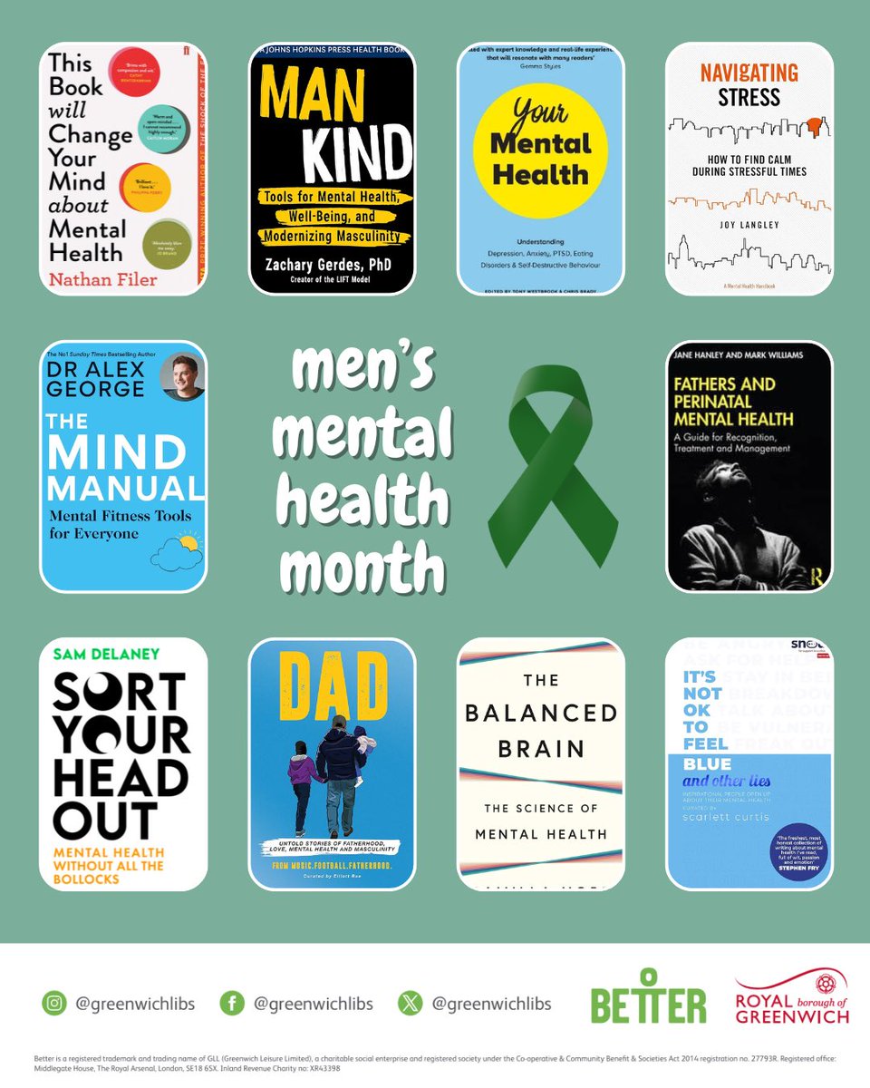 GreenwichLibs's tweet image. November is Men’s Mental Health Month; the aim is to raise awareness + encourage open conversations about wellbeing. Use your #Greenwich #Library card + PIN to reserve here: bit.ly/3Ew1YFL to collect at your chosen library, or use #Libby 📚 #LoveYourLibrary