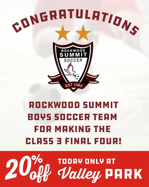 Cheering on Rockwood Summit in their 11 a.m. semifinal matchup today at World Wide Technology Soccer Park in Fenton! Show this post at our Valley Park location to enjoy 20% off TODAY ONLY. Proud to support the Falcons!