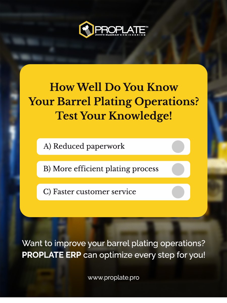 Proplate_Pro's tweet image. What’s the key benefit of real-time scheduling in barrel plating?
A) Reduced paperwork
B) More efficient plating process
C) Faster customer service
🗨️ Comment Down Your Answer🗨️
🔗 proplate.pro
