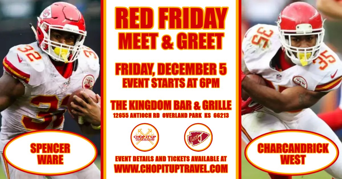 🚨TICKETS ARE NOW ON SALE🚨

Grab your tickets to meet #Chiefs Alumni <a href="/spencerware11/">Spencer Ware</a> and <a href="/Charcandrick26/">Charcandrick West</a> at The Red Kingdom Bar &amp; Grille on Friday, December 5th.

chopituptravel.com/12525-spencer-…

#ChiefsKingdom #kansascity #chopitup #autographs
