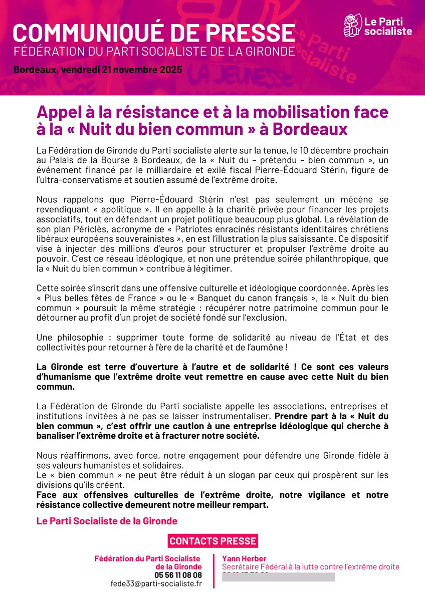 "Nous appelons les asso, entreprises et institutions invitées à ne pas se laisser instrumentaliser. Prendre part à la «Nuit du bien commun» c’est offrir 1 caution à 1 entreprise idéologique qui cherche à banaliser l’ext droite et fracturer notre société" #Stérin <a href="/partisocialiste/">Parti socialiste</a>