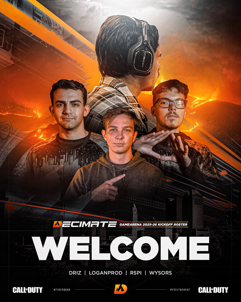 DecimateGG's tweet image. 🔥 TIME TO BRING THE HEAT 🔥

We’re Locked in and ready for Columbus. Officially announcing our Call of Duty @GameArenaCBUS 2025-26 Kickoff LAN Roster. #FeelTheHeat🔥

🔥DcM | @LoganProd 
🔥DcM | @wysors 
🔥DcM | @Rspiiiiii 
🔥DcM | @7Driz 

Welcome to the #FireSquad🔥