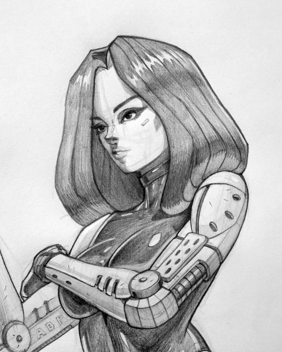 AndyDePooter's tweet photo. Had some fun drawing Battle Angel Alita as an exercise in drawing from imagination. I limited myself to one tiny reference image from the manga, in a different pose, and basically stole the design for the most part. I didn't want to reinvent the wheel here. #traditionalart https://t.co/s5L2H9SNgZ