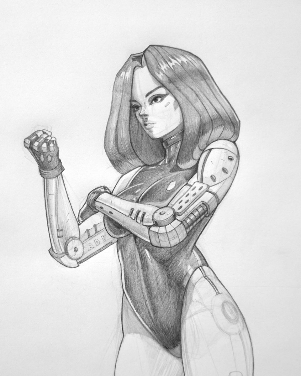 AndyDePooter's tweet photo. Had some fun drawing Battle Angel Alita as an exercise in drawing from imagination. I limited myself to one tiny reference image from the manga, in a different pose, and basically stole the design for the most part. I didn't want to reinvent the wheel here. #traditionalart https://t.co/s5L2H9SNgZ