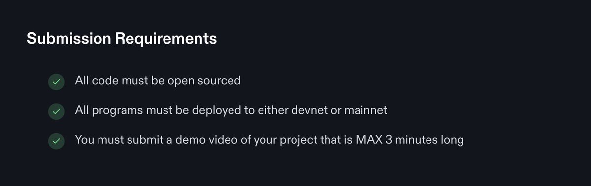 solana_devs's tweet image. Submission requirements are straightforward:

• All code must be open source
• Programs must be deployed to devnet or mainnet
• You submit a demo video of at most 3 minutes that shows the project working