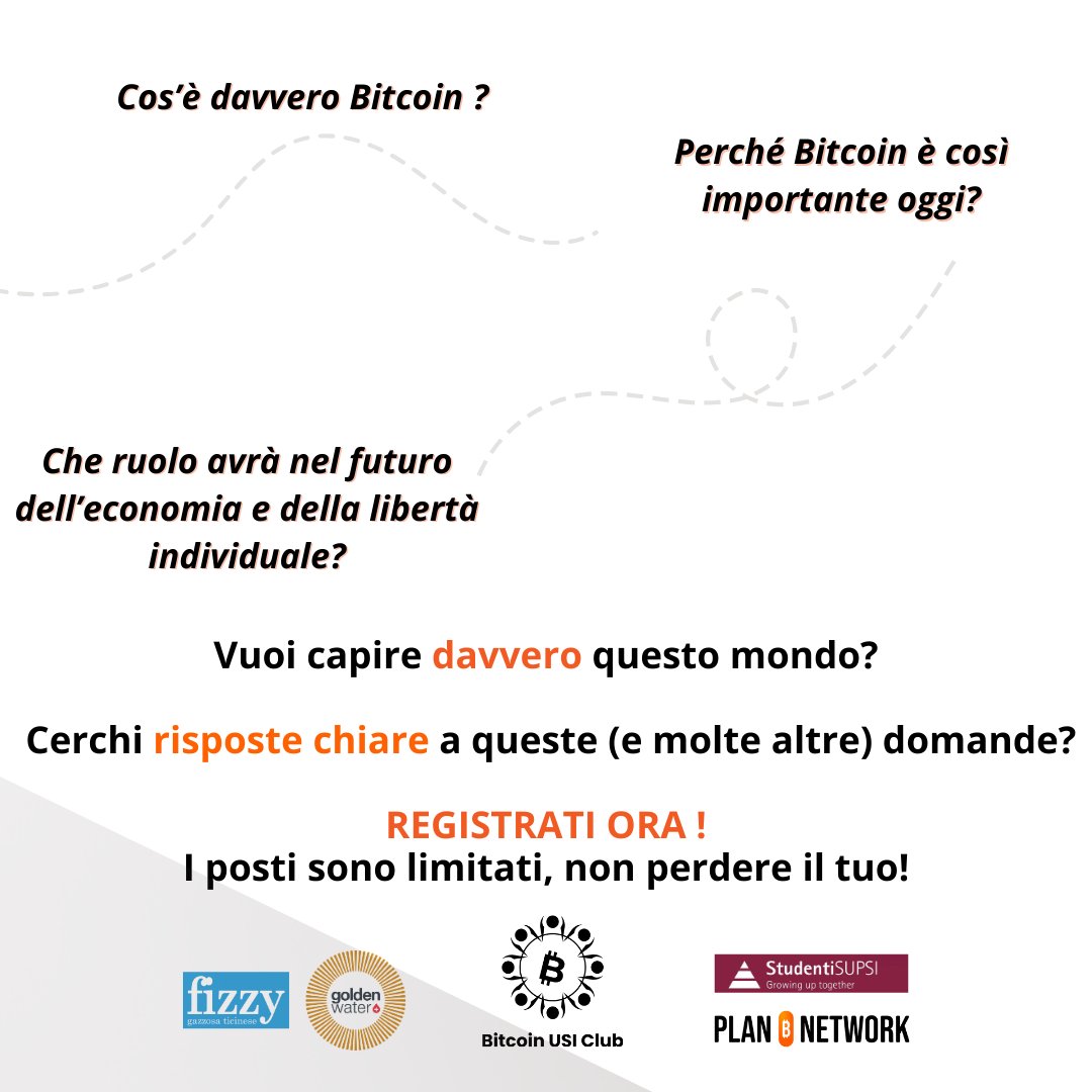 🚀 Perché Bitcoin cambierà il mondo? 🌍

📅 27 novembre 2025
🕕 Ore 18:00 (registrazione dalle 17:30)
📍A11 (Campus USI, Palazzo Rosso)

Un appuntamento imperdibile con <a href="/giacomozucco/">Giacomo Loathsome Bitcoin Destroyer Zucco</a>, Direttore di <a href="/planb_network/">Plan ₿ Network</a> . 

👉 luma.com/qqxxetwz (posti limitati!)

Vi aspettiamo!