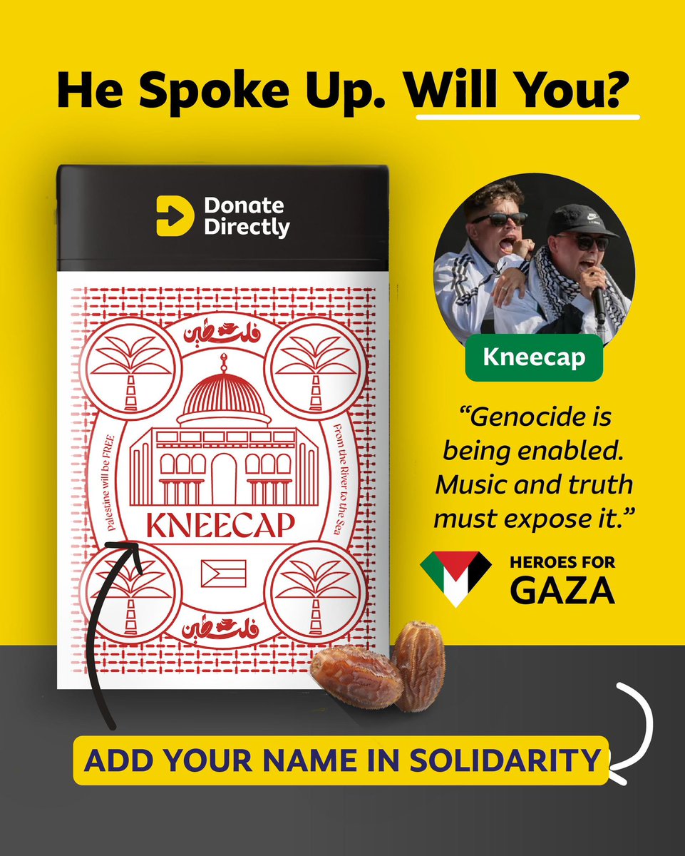 Donate_Directly's tweet image. Kneecap spoke up. Will you? ✊🇵🇸

Your Name on a Palestine Dates Tin.
Make it personal. Show your support.

This isn’t just dates, it’s solidarity, it’s resistance, it’s your stand.

👉 Pre-order now. Limited tins.
Shop.donatedirectly.com/collections/da…