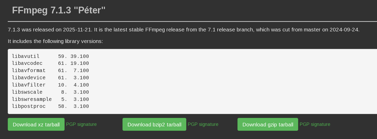 jw_abekyun's tweet image. #Linux FFmpeg 7.1.3 &quot;Péter&quot; がリリースされました。
手元 #Slackware 64-current および #plamolinux 8.2 環境で問題なく動作しています。