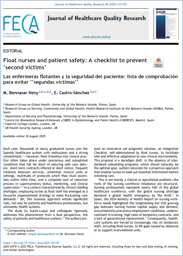JHealthQualityR's tweet photo. 📰 Float nurses and patient safety: A checklist to prevent ‘second victims’
✏️Editorial by M Bennasar-Veny @JHealthQualityR #RevistaSECA #JHQR
👉 https://t.co/XLUnGC7fb6
✅#QualityHealthcare #FloatNurse #PatientSafety #Checklist #SecondVictim #TemporaryContracts #EmotionalBurden https://t.co/fJnZlrwn8p