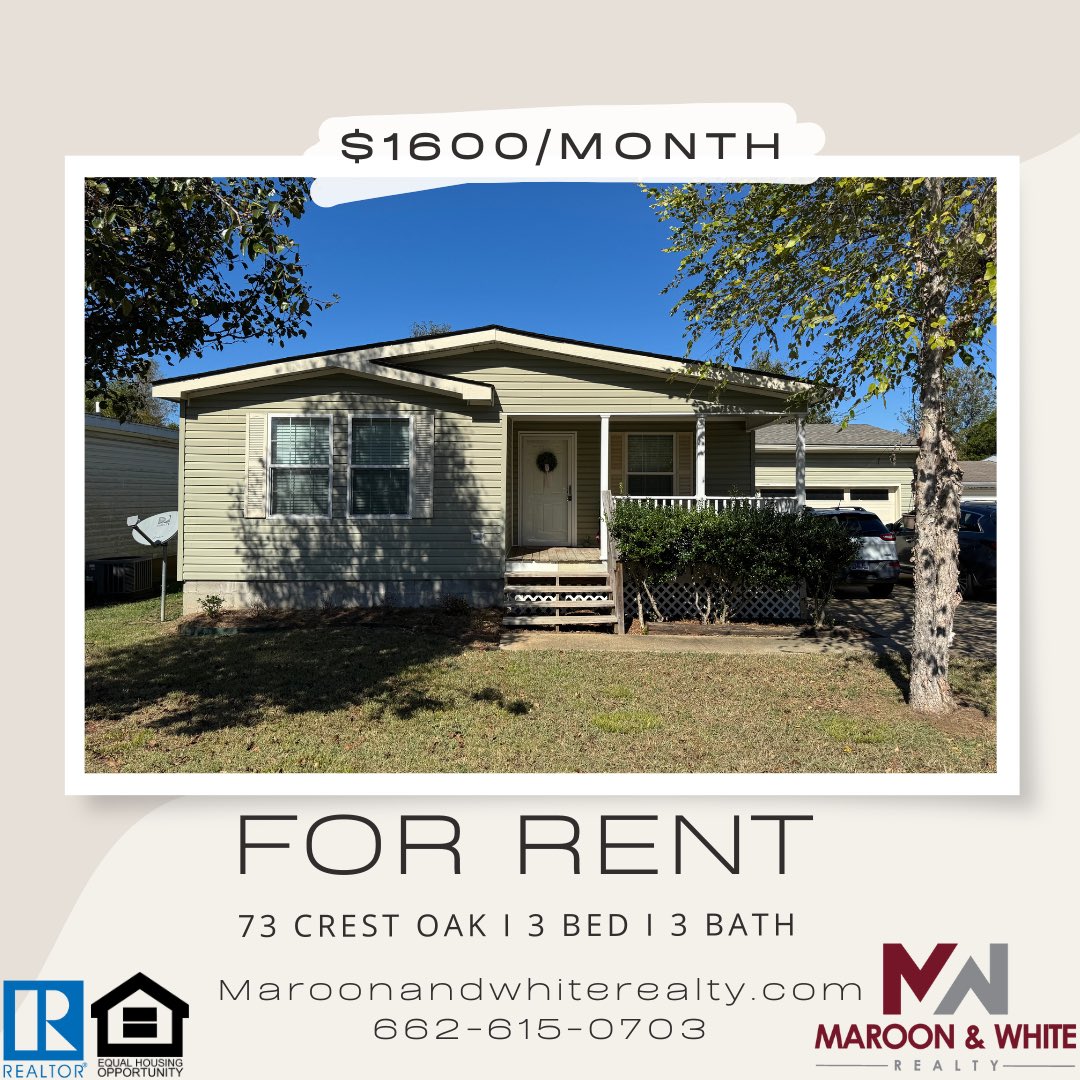 🚨𝙋𝙍𝙄𝘾𝙀 𝘿𝙀𝘾𝙍𝙀𝘼𝙎𝙀
📍73 Crest Oak 
⭐️For Rent - Available 12/15/25
💲1,600/mo

This 3BD/3BA property features covered porch, washer/dryer, 2 car garage and much more!

To schedule a showing, just go to Calendly.com/maroonandwhite… 📲

Maroon &amp; White Realty | 662-615-0703