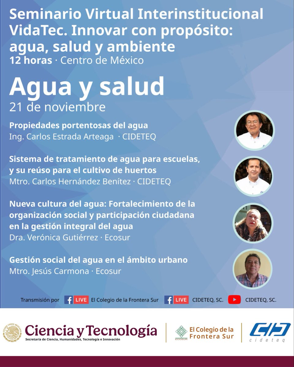 CIDETEQ's tweet image. 💧 Continuamos hoy con el 3er capítulo del Seminario Interinstitucional #VidaTec con el capítulo #Agua y #Salud.

⏰ 12:00 h · En vivo por @ecosurmx y #CIDETEQ.

¡Acompáñanos! 💧