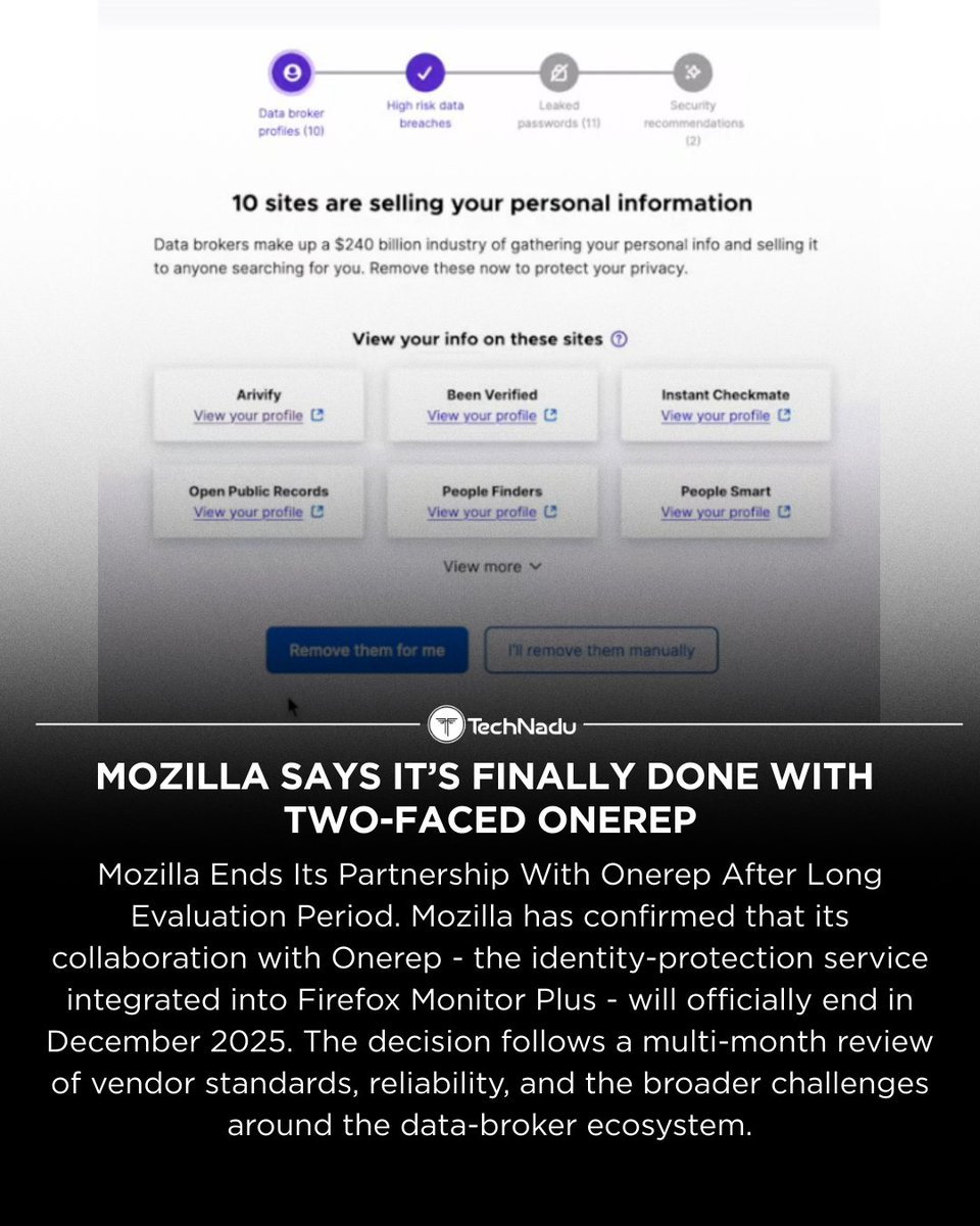TechNadu's tweet image. Mozilla says its partnership with Onerep is ending in Dec 2025, following a long review of vendor standards and the challenges of the data-broker ecosystem.

Highlights ⬇️
• Monitor Plus will be discontinued
• Breach alerts in Firefox will continue
• Subscribers get prorated…