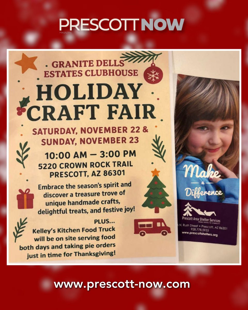 PrescottNOW's tweet image. ⭐️🎄 HOLIDAY CRAFT FAIR 🎄⭐️
Saturday, Nov. 22 &amp;amp; Sunday, Nov. 23
10 a.m.-3 p.m. at the Granite Dells Estates Clubhouse, 5220 Crown Rock Trail, Prescott.
Proceeds from the craft fair will go to Prescott Area Shelter Services. 

#prescott #prescottvalley
