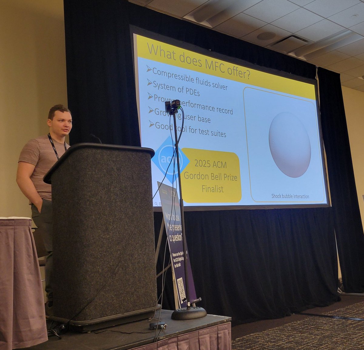 <a href="/OLCFGOV/">OLCF</a> Benjamin Wilfong from <a href="/GeorgiaTech/">Georgia Tech</a>, <a href="/TheOfficialACM/">Association for Computing Machinery</a> Gordon Bell finalist, kicks off the after-break session at #HPCTESTS2025 in Room 276 at #SC25 and discusses using MFC Flow Solver for end-to-end supercomputer testing #HPC