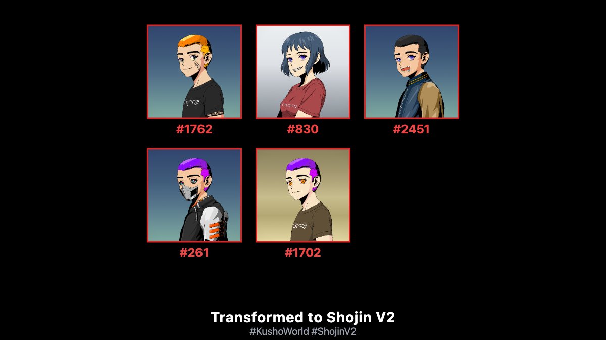 0xCenTree's tweet image. Team OBLACK turned one into a fine chic

Transformed Kusho #1762, #830, #2451, #261, #1702 into Shojin V2! @Kusho_World 🔥

#KushoWorld #ShojinV2 transform.kushoworld.com