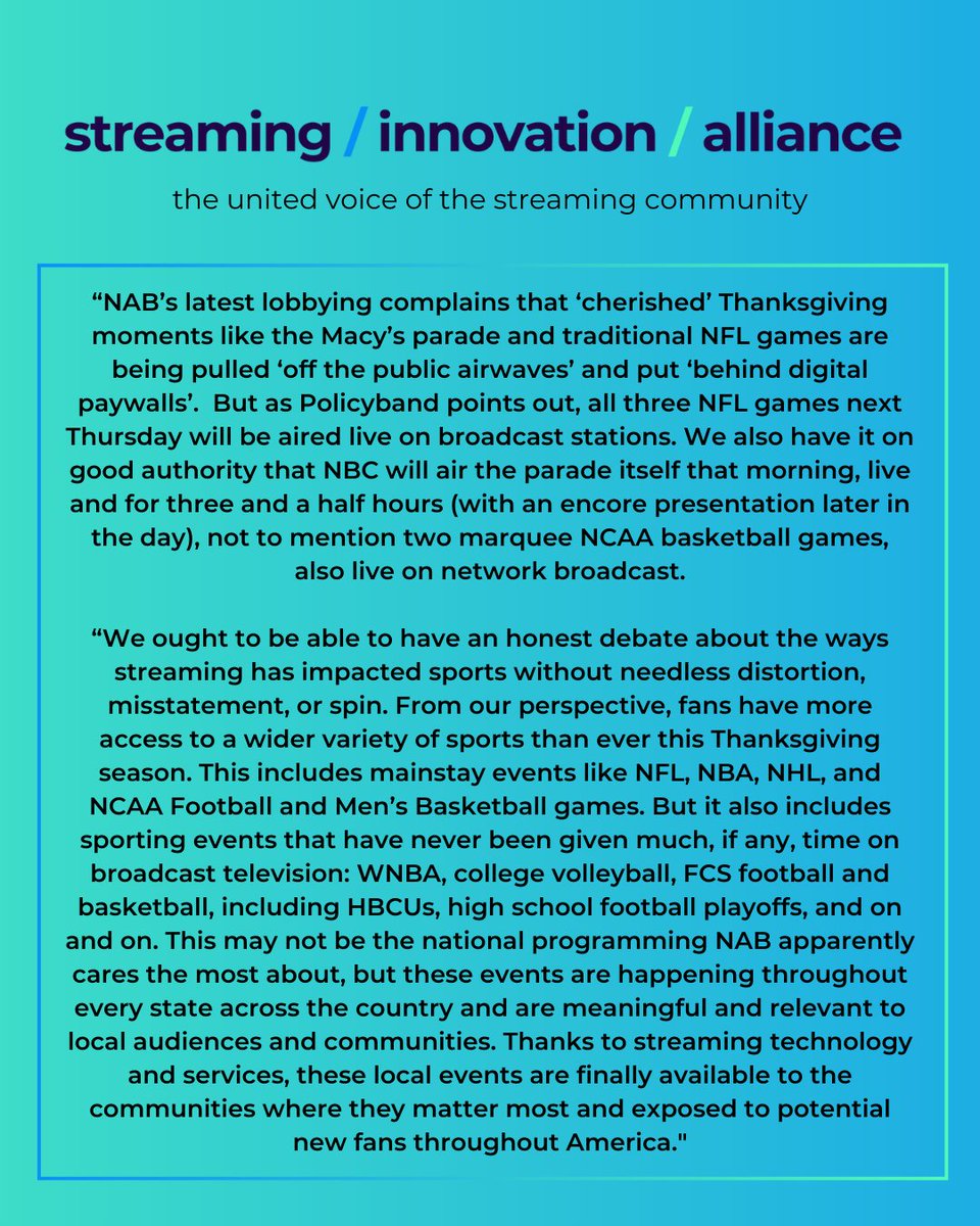 StreamingIA's tweet image. See below for our full response to NAB’s recent blog on Thanksgiving sports viewing, covered this am in @TedatPolicyband.

For more on the abundance of choices and options streaming is delivering to sports fans today, see our letter to Congress here: streaminginnovationalliance.com/_files/ugd/3e8…