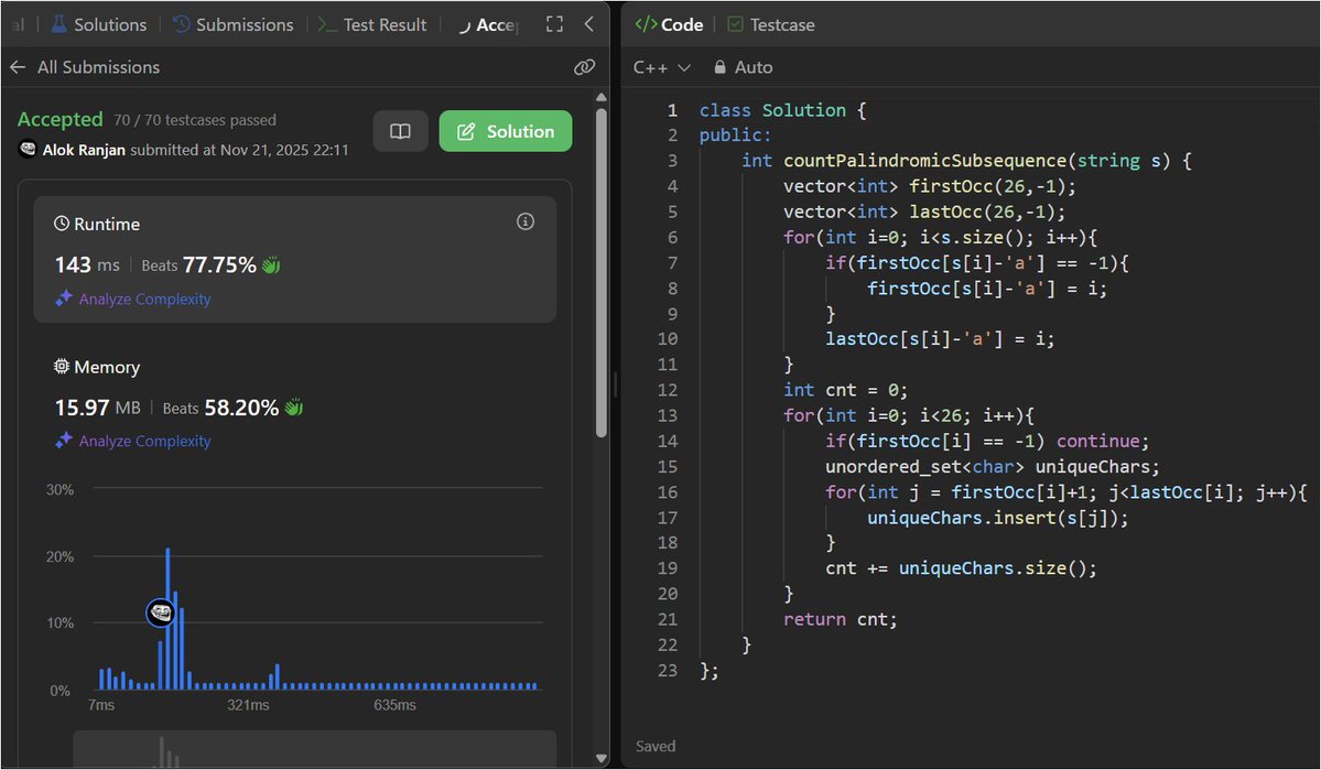 bharatalok11's tweet image. 77/100  Solved LC [1930] : Unique Length-3 Palindromic Subsequences 
#100daysofcode #buildinpublic #LeetCode #CodingJourney
