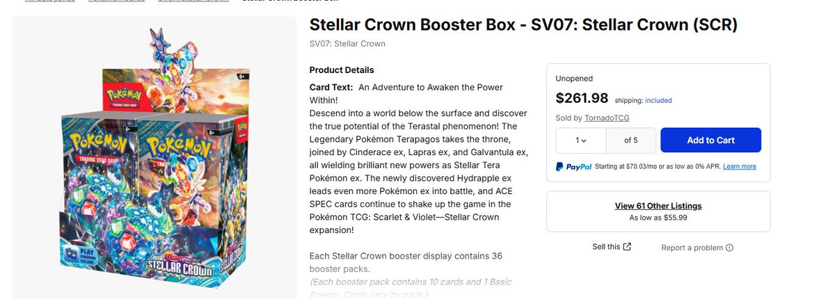 SafariZoneHQ's tweet image. Stellar Crown is currently $262.00 + market value 

Safari has them for $200.00 a box 

- Free ship to the lower 48 
- No tax using our direct link 
- Wont send sealed cases if buying 6 

safari-zone.com/products/pokem…