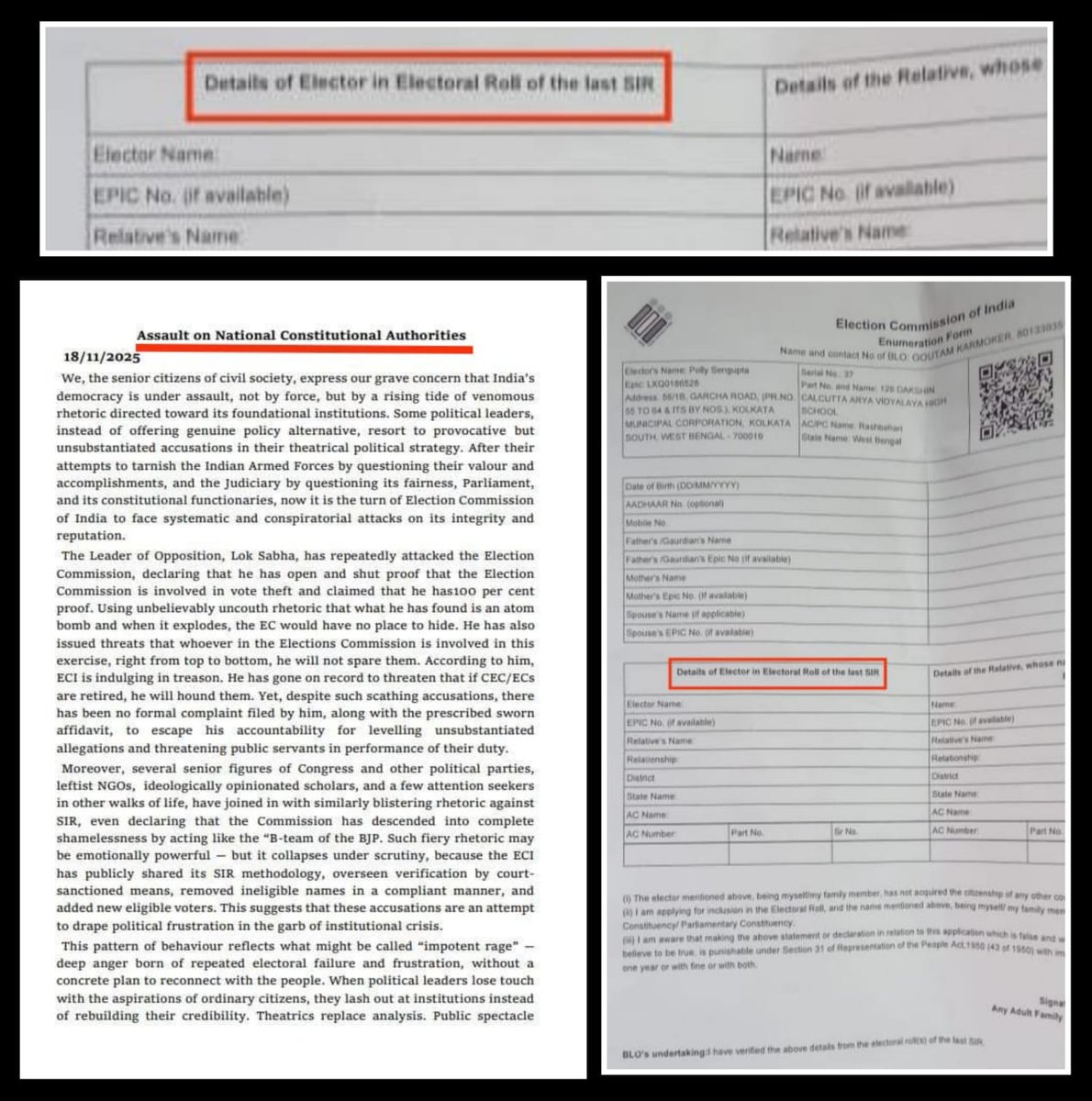 SeemaSengupta5's tweet image. What&apos;s so special about 272 eminent persons&apos; attempt to protect CEC Mr. Gyanesh &amp;amp; his team? To me, they&apos;re 272 defenders of illegality. I signed a false statement of my name appearing in last SIR, whereas this &quot;SPECIAL&quot; intensive revision of electoral roll never happened before.