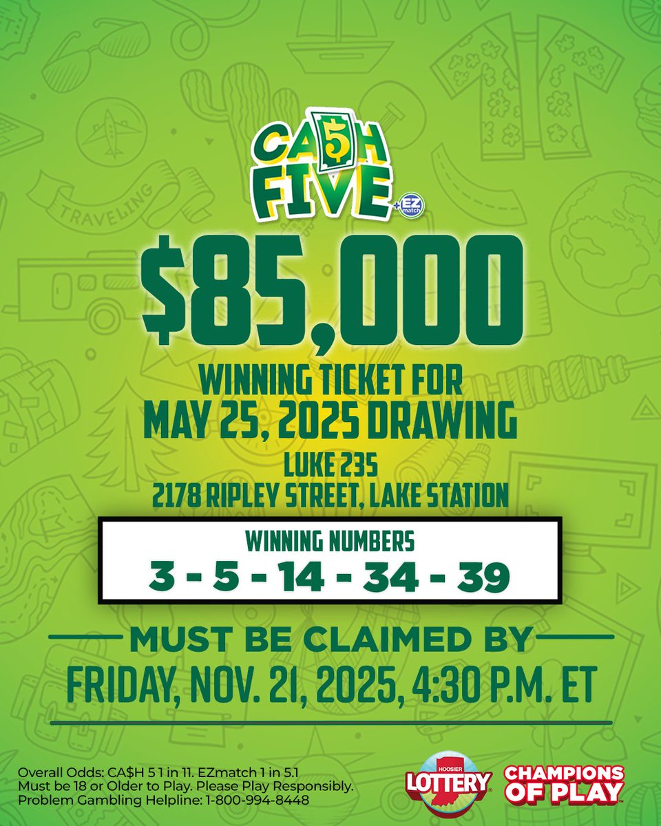 🚨A jackpot winning CA$H 5 ticket purchased in May is set to expire TODAY 🚨

The ticket was purchased at Luke 235 located at 2178 Ripley Street in Lake Station for the May 25 drawing.

Learn more at HoosierLottery.com/hoosier-lotter…