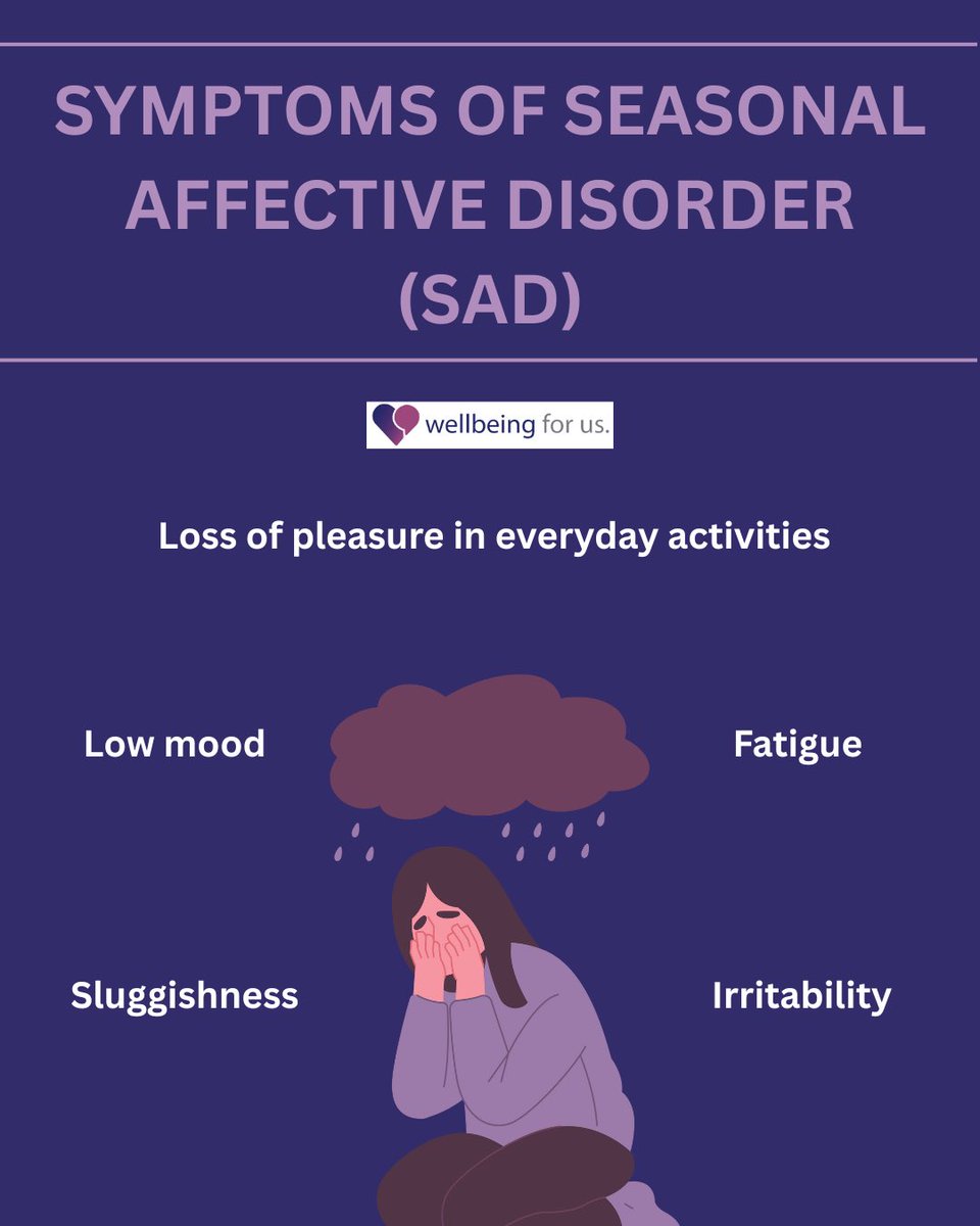 wellbeingforus's tweet image. Symptoms of seasonal affective disorder (SAD)

SAD can feel heavy, remember you are not alone💜

#wellbeingforus #wellbeing #mentalhealth #mentalhealthmatters #sad #seasonalaffectivedisorder #symptoms #youarenotalone