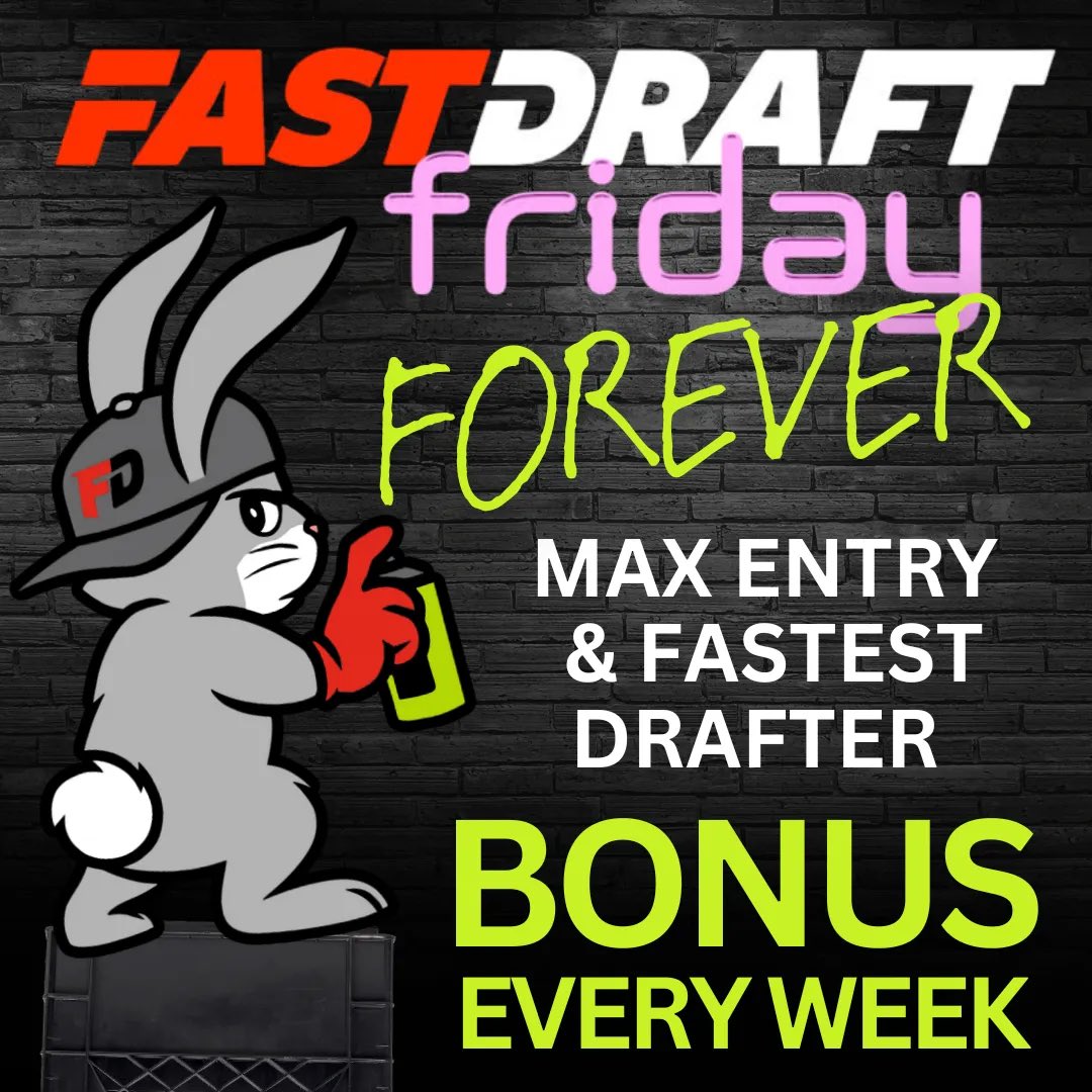 FastDraft Friday is FOREVER! 

✅ $50 in promo funds will be distributed to each of the Top-3 fastest Flex 6 Frenzy drafters each week 

✅$20 in promo funds go to any user who max-enters both the Quick 6 Super Slam (10) AND the Flex 6 Frenzy (20) tournaments in any given week.