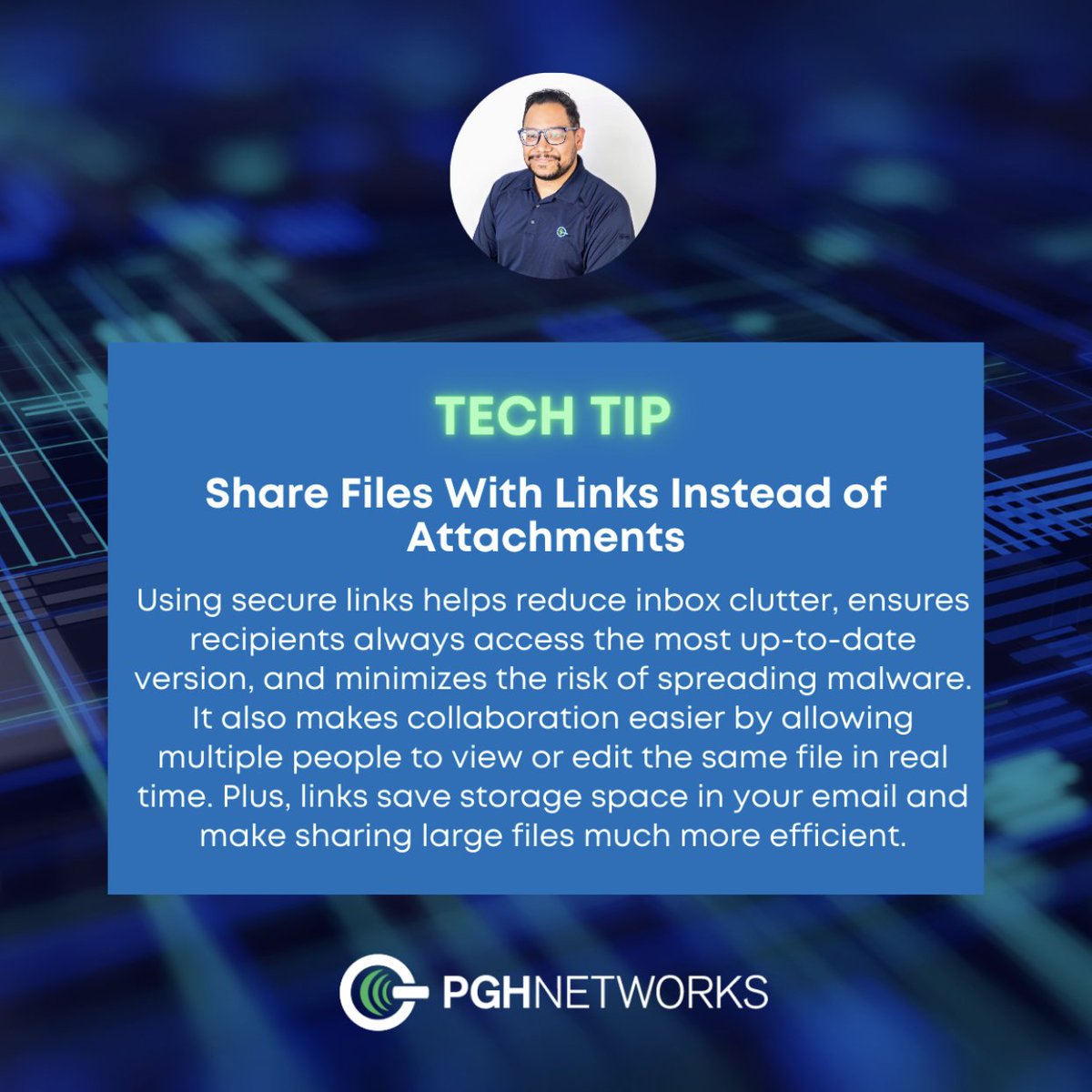 PGHNetworks's tweet image. Tech Tip - Share files with links instead of attachments:

Using secure links helps reduce inbox clutter, ensures recipients always access the most up-to-date version, and minimizes the risk of spreading malware.

#PGHNetworks #TechTip #ShareFilesWithLinks