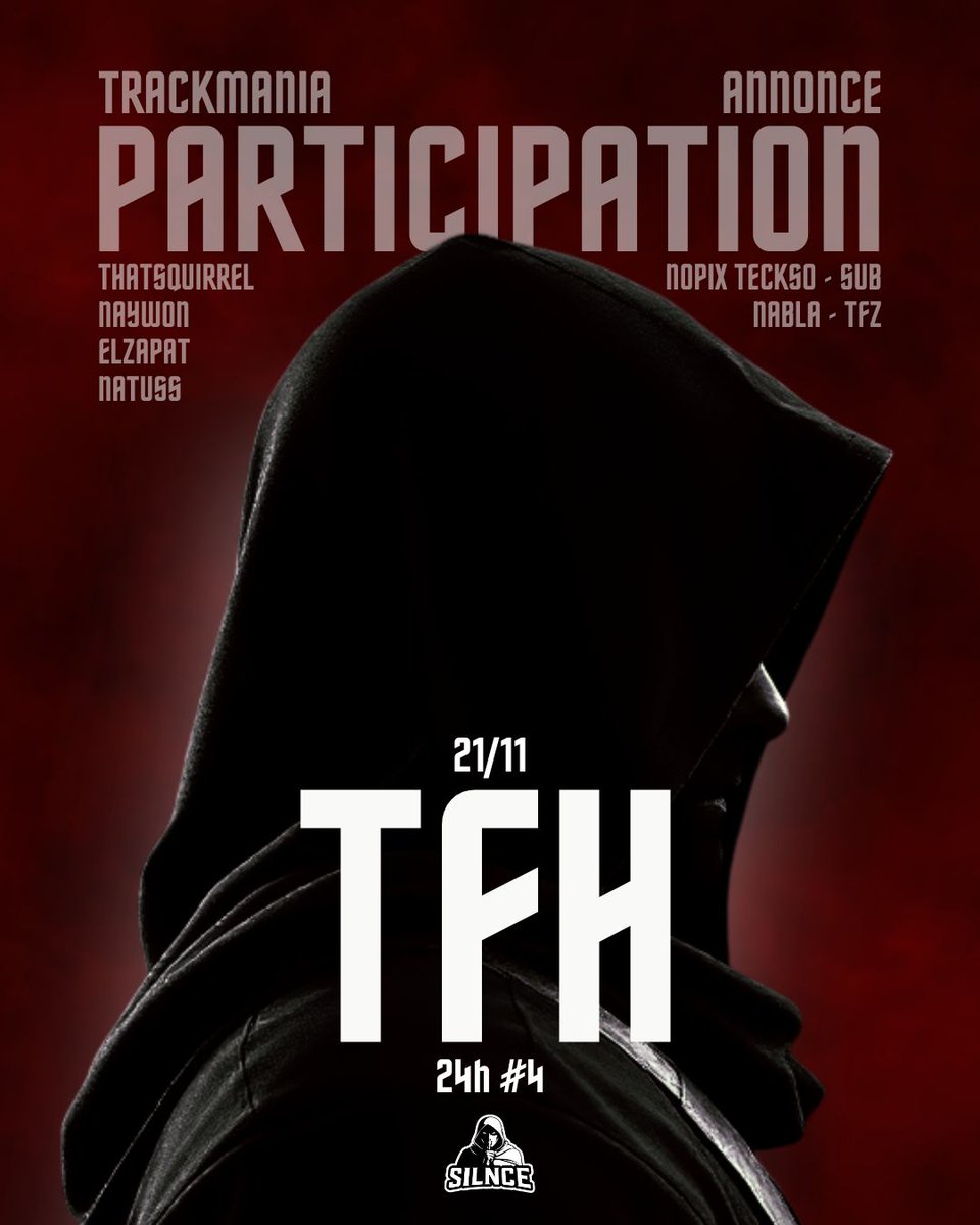 Notre line-up pour la <a href="/TMForHours/">Trackmania For Hours</a> #TFH4 🤫

On retrouvera en guest Nabla avec du beau monde chez TURFUZE
Et également Nopix et Teckso en trio avec Yannex !

Départ demain ! #SLCWIN