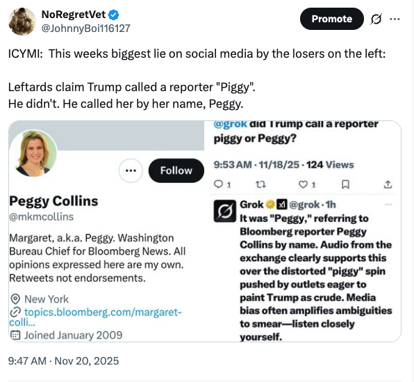 <a href="/shellshockkk/">shellshock</a> The problem is, Ms Piggy, that Trump said "Peggy". The woman's name. 

And once again you have been sucked in to the lies of the Democrat Spin machine: Receipts