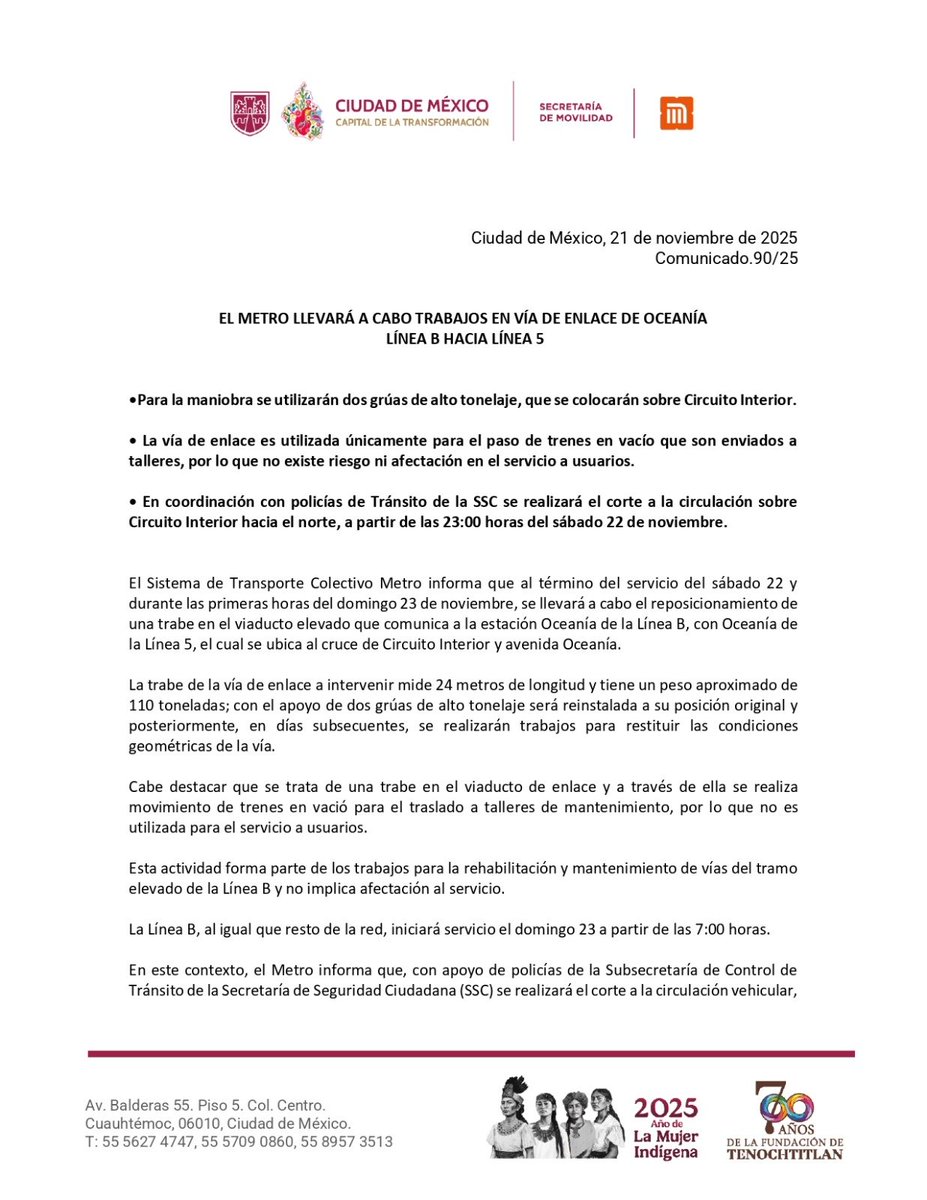 MXReferencia's tweet image. #Nacional

El Sistema de Transporte Colectivo Metro (@MetroCDMX) informó que realizará el reposicionamiento de una trabe en el viaducto elevado que conecta la estación #Oceanía de la Línea B con Oceanía de la Línea 5, ubicado en el cruce de Circuito Interior y avenida Oceanía.