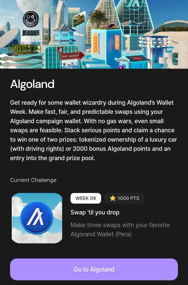 PeraAlgoWallet's tweet image. This week&apos;s Algoland Quest was so EZ PZ that you may have completed without even knowing 👀

Check algoland.co and claim your Badge to be eligible for this week&apos;s prizes! 🏆