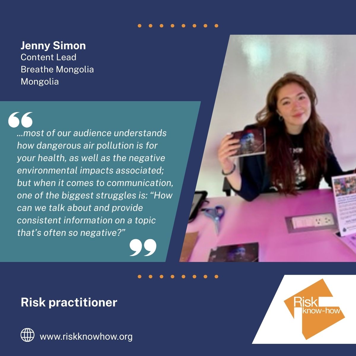 Riskknowhow's tweet image. Meet Enkhuun Byambadorj, co-founder of Breathe Mongolia, and content lead, Jenny Simon. They spoke to us about how they are working to tackle deadly air pollution and communicate risk in a way that motivates action. Discover more here: bit.ly/48sG8yT @BreatheMongolia