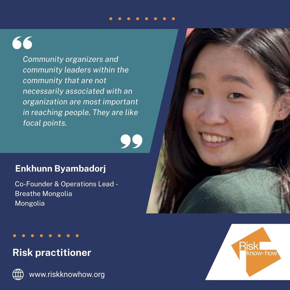 Riskknowhow's tweet image. Meet Enkhuun Byambadorj, co-founder of Breathe Mongolia, and content lead, Jenny Simon. They spoke to us about how they are working to tackle deadly air pollution and communicate risk in a way that motivates action. Discover more here: bit.ly/48sG8yT @BreatheMongolia