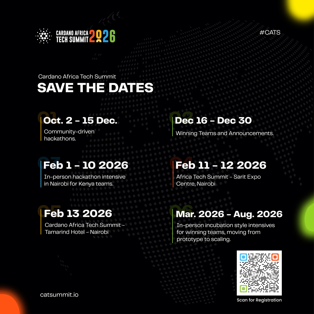 cats_summit's tweet image. Cardano Africa Tech Summit 2026 is on the horizon 🎉🥳

Mark your calendar and get ready to join us in Nairobi. We cannot wait to see you there 🙌

Register here: linktr.ee/cats_summit

#CATS26 #RoadToNairobi #Registration