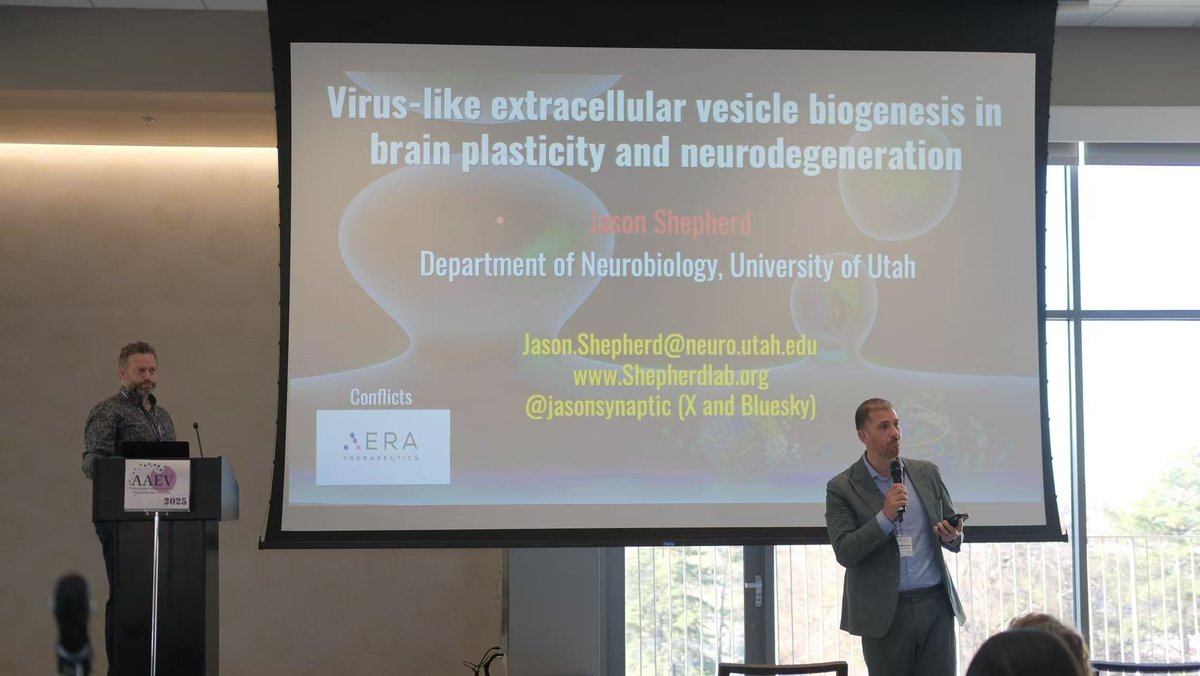 AAEV_org's tweet image. Jason Shepherd @JasonSynaptic from University of Utah presenting on virus-like extracellular vesicle biogenesis in brain plasticity and neurodegeneration #AAEV2025 🧠