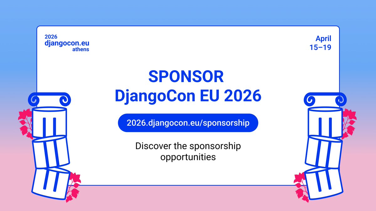 DjangoConEurope's tweet image. 📩Sponsorships for DjangoCon Europe 2026 are OPEN!

DjangoCon Europe lands in Athens on April 15–19, 2026 &amp;amp; we&apos;re accepting sponsors. Packages range from Bronze to Diamond, plus add-ons like coffee breaks, meals &amp;amp; more. Want to support?

🔗2026.djangocon.eu/sponsorship/
#djangoconeurope
