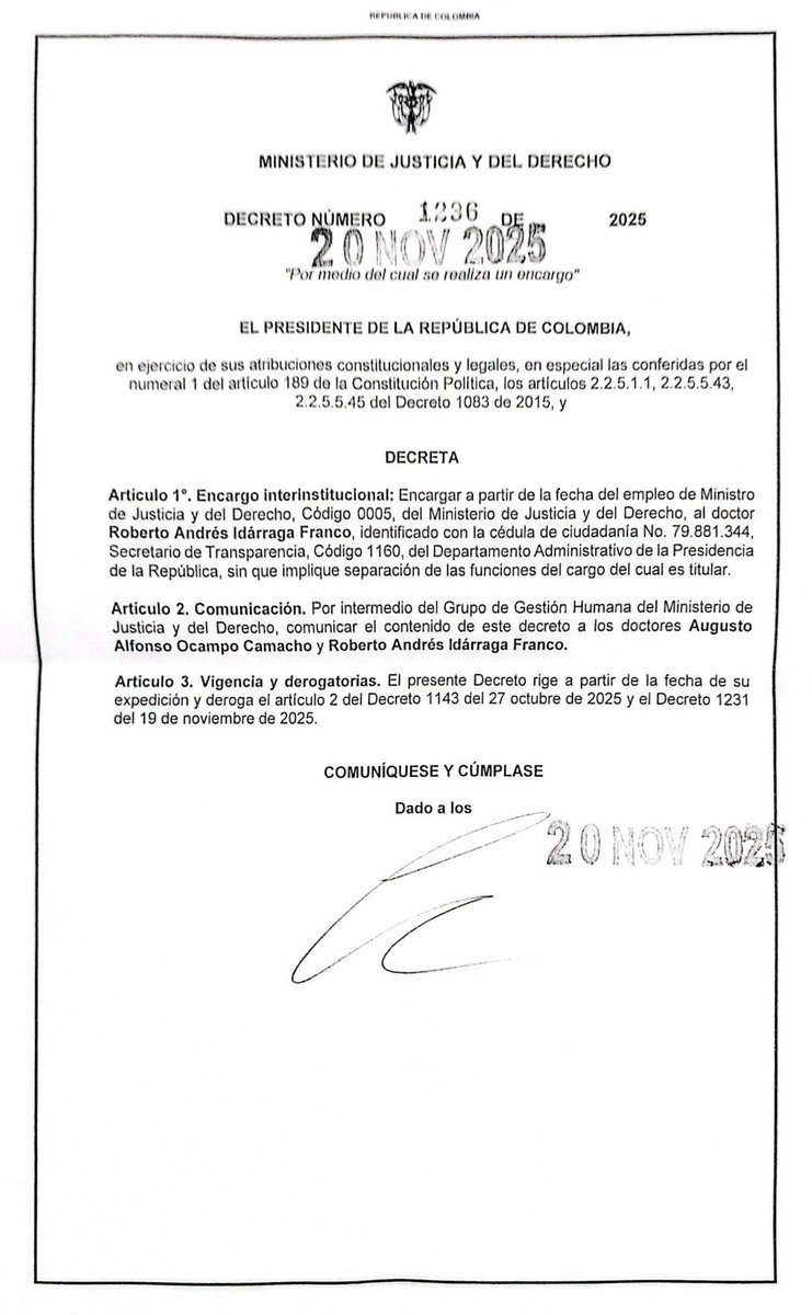 Agradezco al presidente <a href="/petrogustavo/">Gustavo Petro</a> por la confianza al designarme como Ministro de Justicia encargado. Desde el primer día de este Gobierno he defendiendo la verdad, la legalidad y la lucha frontal contra la corrupción, ahora lo haremos de manera más articulada con la