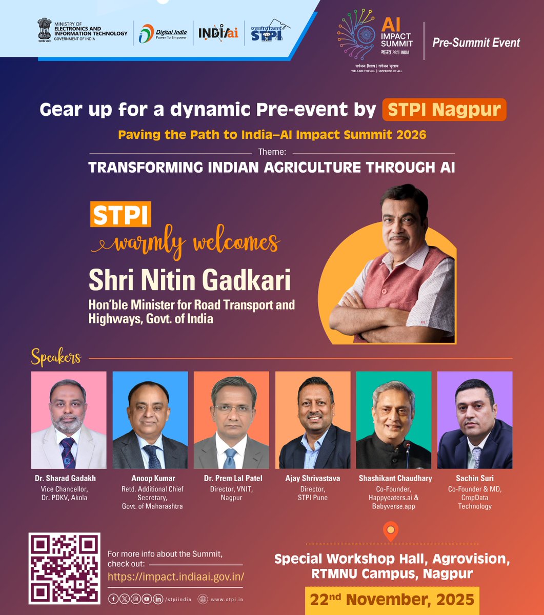 OfficialINDIAai's tweet image. Gear up for STPI Nagpur&apos;s Pre-Summit event on &apos;Transforming Indian Agriculture through AI: Opportunities and Challenges”⏳

📢 Global innovators,
Join India’s biggest AI revolution by being a part of &apos;Paving the Path to India-AI Impact Summit 2026&apos; hosted by STPI Nagpur at…