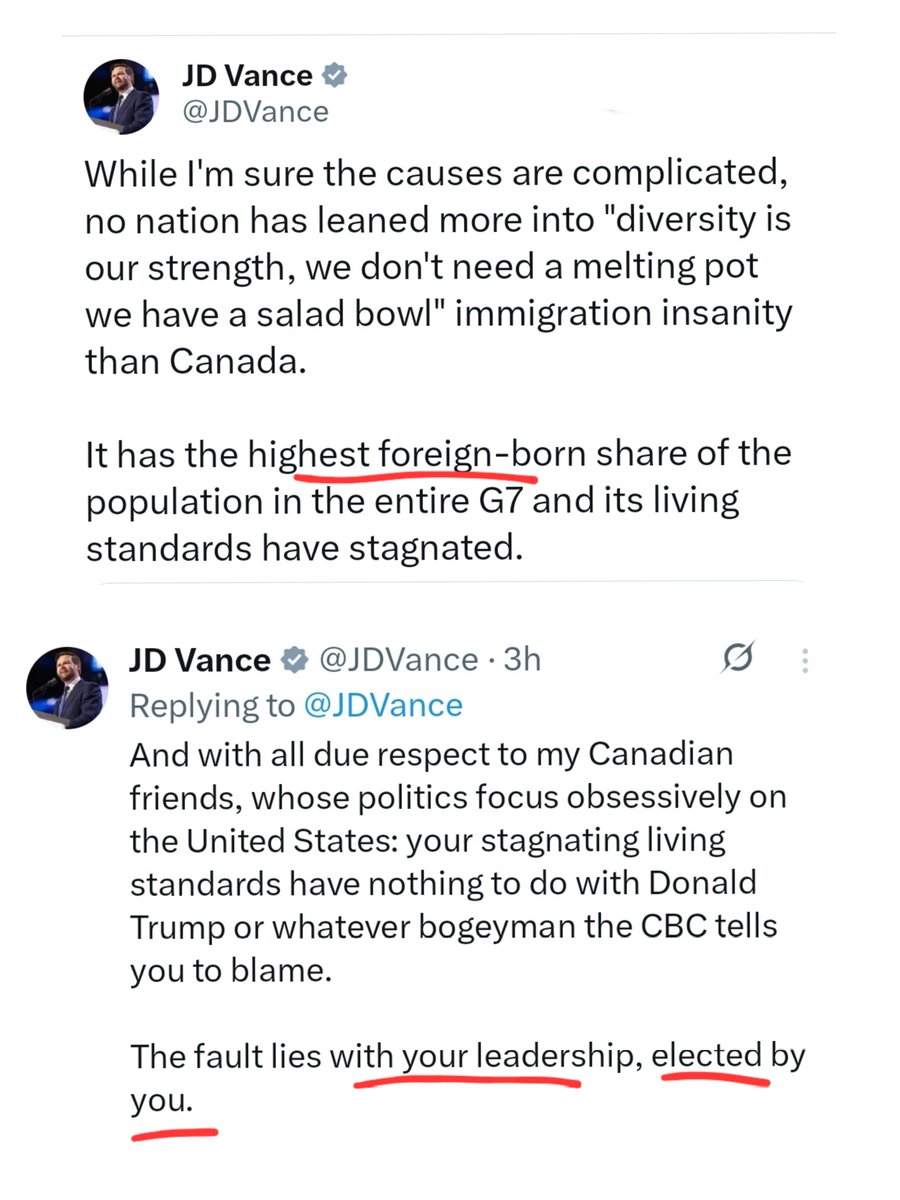 KirkLubimov's tweet image. JD Vance is dropping truth bombs on Canada.

&quot;No nation has leaned more into Diversity is our strength immigration insanity than Canada.

The fault lies with your leadership, elected by you.&quot;

Not a word of a lie in there.