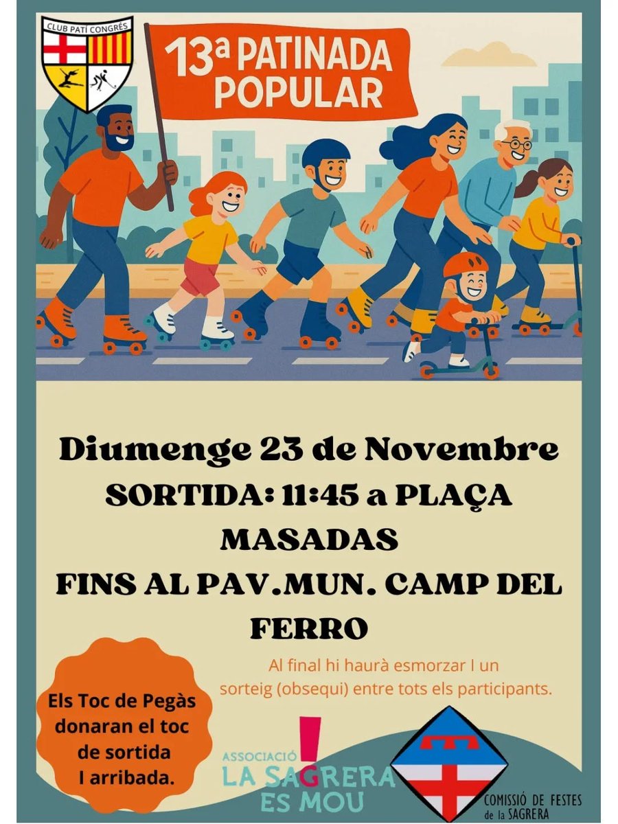 Diumenge arriba la 13a Patinada Popular de La Sagrera!
⏱️ Sortida 11:45 h des de Plaça Masadas i arribada al Pavelló Camp del Ferro.
🎶 Amb animació de Toc d Pegàs a la sortida i a l’arribada.
🥐 En acabar, esmorzar i sorteig per als participants.
Omplim els carrers de rodes 💛🖤