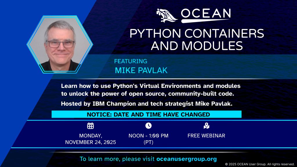 OCEANUserGroup's tweet image. Unlock the Power of #Python on #IBMi when you attend this free webinar led by #IBMChampion @MikeyPEI on Monday, November 24th! Take advantage of one of the most popular programming languages!
Register here: tinyurl.com/OCEAN2511
@Wright4i @P_Behr @IBMCRTWT