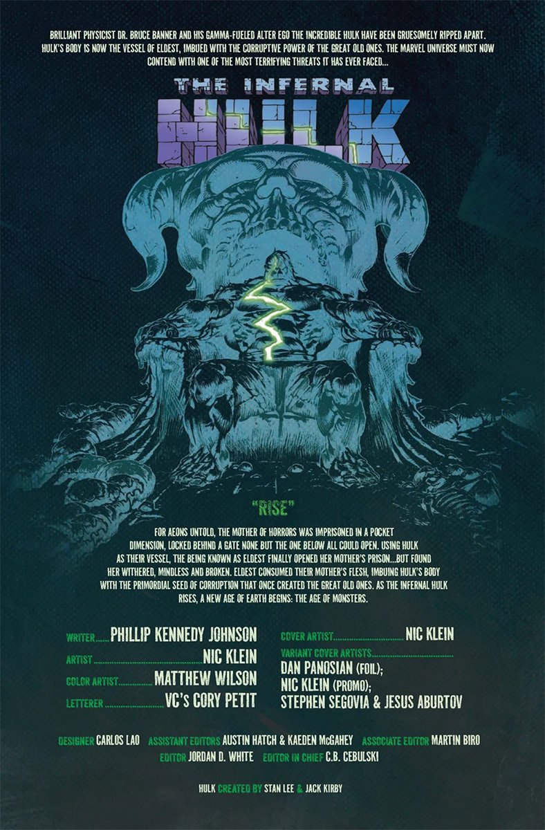 NicKlein's tweet image. heres an official Infernal HULK 1 preview... I love what the Bullpen did for the credits page btw, goes hard AF.