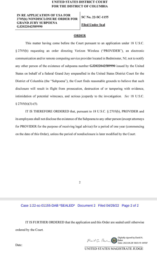 julie_kelly2's tweet image. Well this is a new one.

The judge who signed the nondisclosure order on DC US Attorney Matthew Graves&apos; subpoena on Verizon seeking cell data of Jim Jordan&apos;s phone is not and was not a DC magistrate judge.

The only record of a &quot;Magistrate Judge David A. Baker&quot; is one in Florida…