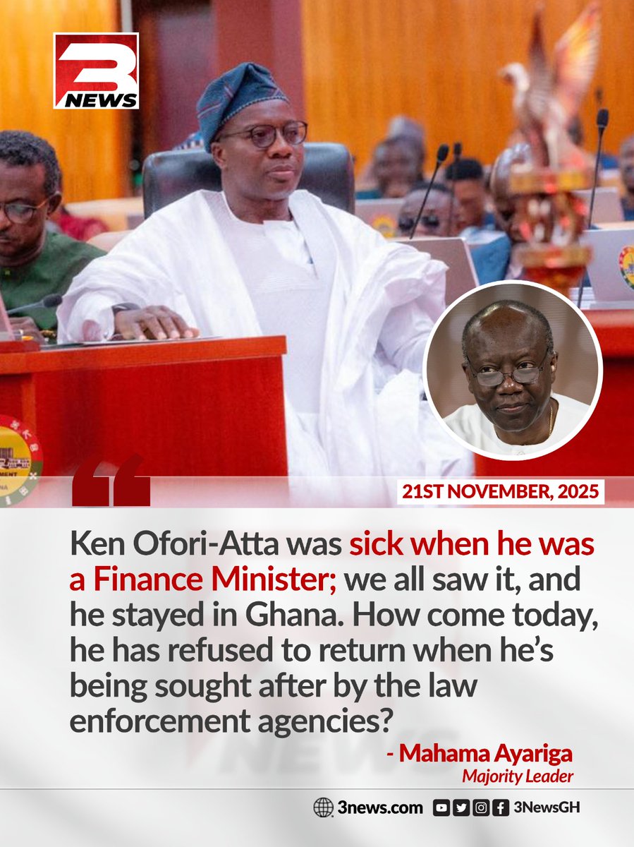 Majority Leader Mahama Ayariga asks why Ken Ofori-Atta, who "stayed in Ghana" while sick as Finance Minister, has now "refused to return" when sought by law enforcement.

#3NewsGH #TV3GH