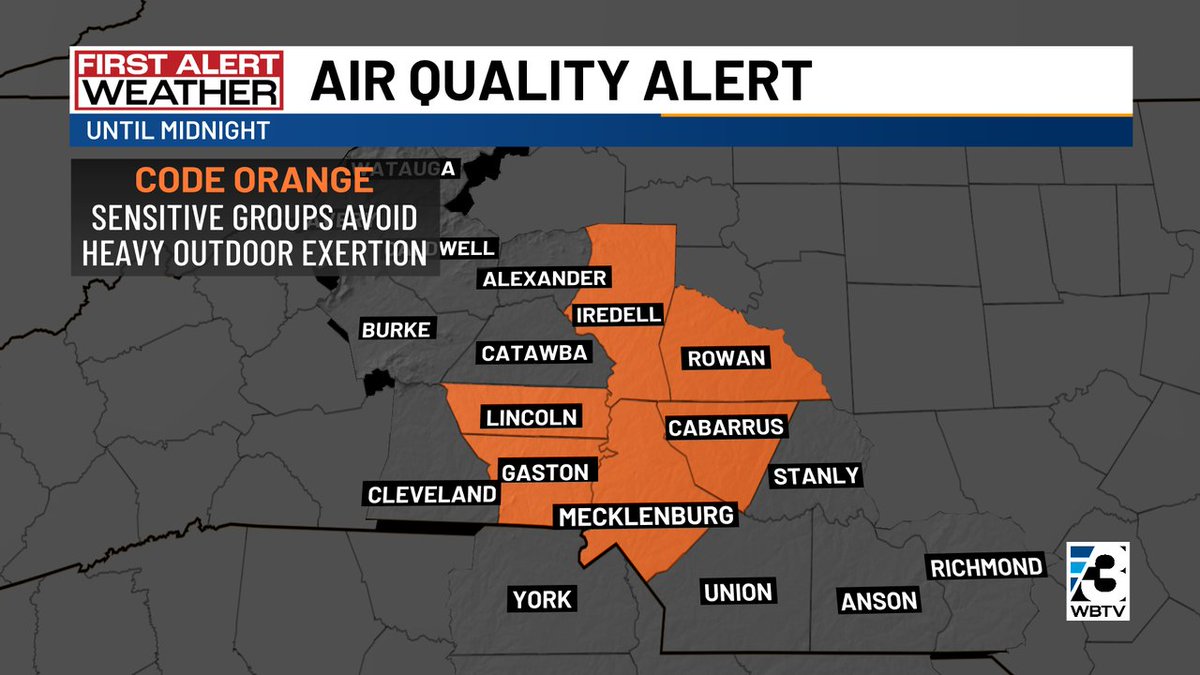 A Code Orange air quality alert is in place until midnight for the Charlotte Metro &amp; surrounding areas!

This thanks to a temp inversion, cloud cover, drizzle &amp; lingering smoke from prescribed burns and wildfires, per the NC Division of Air Quality #cltwx #ncwx