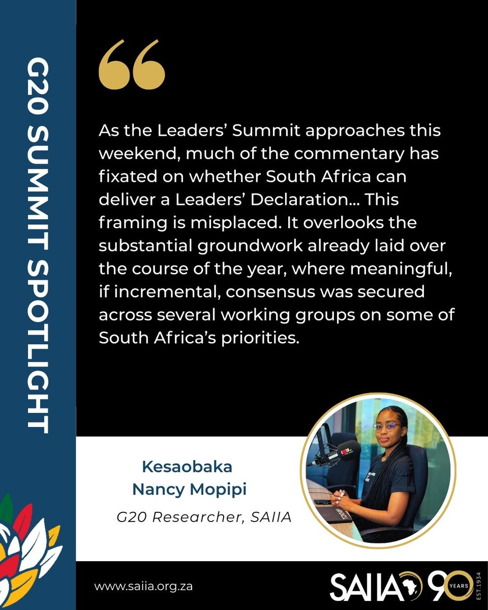#G20Summit | The real test is not whether South Africa alone can deliver a declaration, but whether the collective G20 membership in the room is prepared to stand behind an outcome that advances the world’s most urgent developmental priorities. 
saiia.org.za/research/the-r…