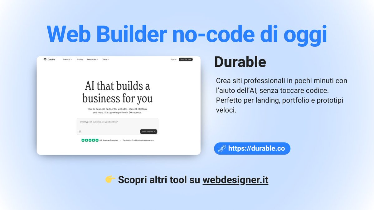 WebDesigner_it's tweet image. #Tooldioggi

⚡ Un sito in 60 secondi?

Durable è un web builder AI che genera siti completi in pochi minuti, senza codice. Perfetto per landing e piccoli progetti.

🔗 Altri tool utili su webdesigner.it

#webdesignerit #webdesign #nocode #AItools #digitaltools #uxdesign