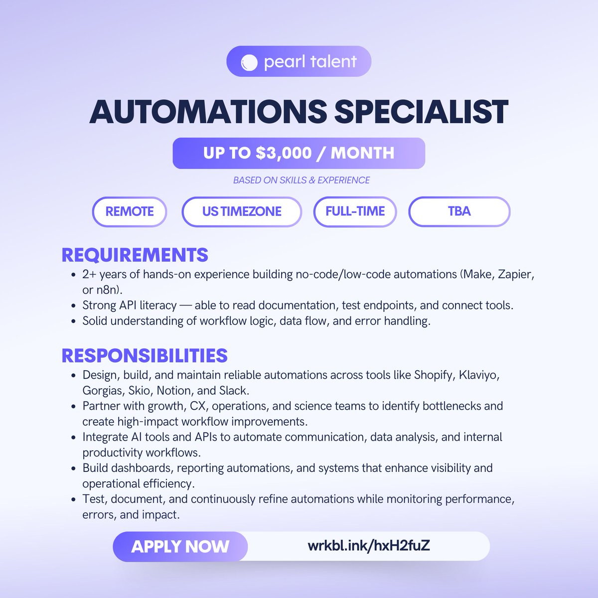 pearltalentco's tweet image. We’re Hiring! 

📌 Workflow Automations Specialist ($3,000/mo). 
📌 2+ yrs building no-code/low-code automations (Make, Zapier, n8n). 
📌 Strong API literacy, workflow logic mastery. 
📌 Remote, US timezone. 
📌 Apply: wrkbl.ink/hxH2fuZ 

#Automation