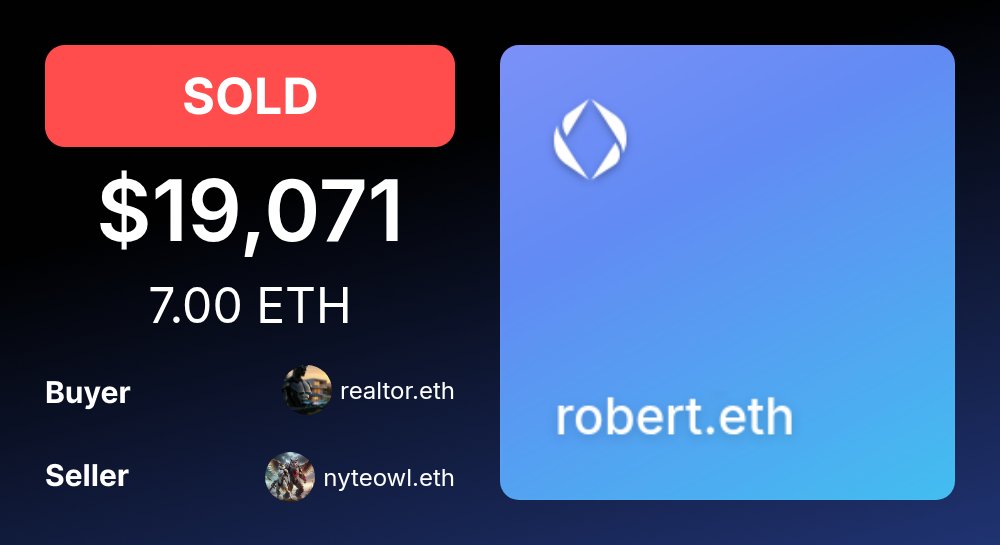 ENSMarketBot's tweet image. 💰 SOLD: robert.eth

For: $19,070.67 (7.00 ETH)
Buyer: realtor.eth

Seller: nyteowl.eth
Club: Top 1k First Names #23

grails.app/robert.eth